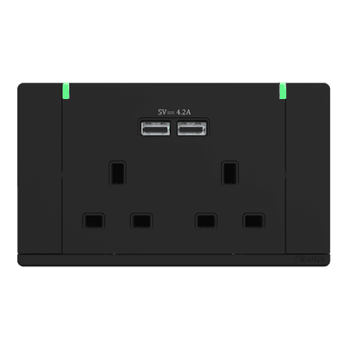ODESSA 13Amp. 250V Twin Switched Socket Outlet with Indicator + 4. 2A USB Black Matte