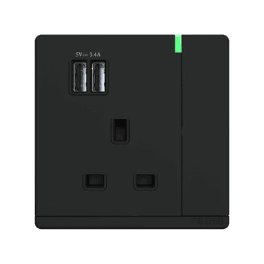 ODESSA 13Amp. 250V Single Switched Socket Outlet with Indicator + 3.4 USB Black Matte