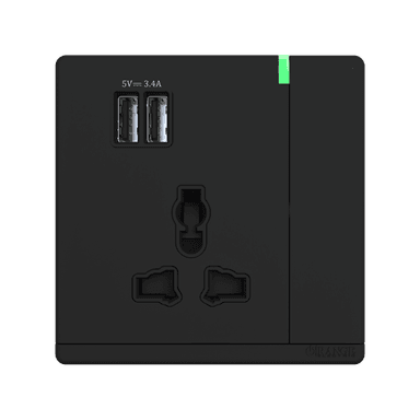 ODESSA 13Amp. 250V Single Multi Switched Socket Outlet with Indicator + 3.4 USB Black Matte