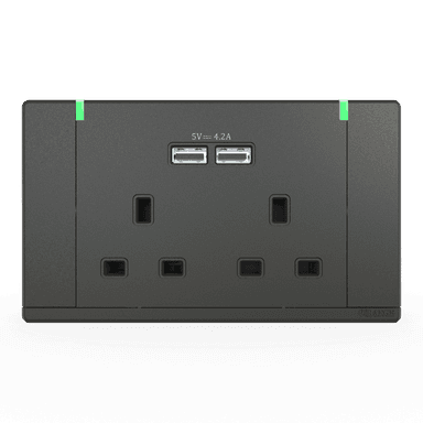 ODESSA 13Amp. 250V Twin Switched Socket Outlet with Indicator + 4. 2A USB Pearl Gunmetal