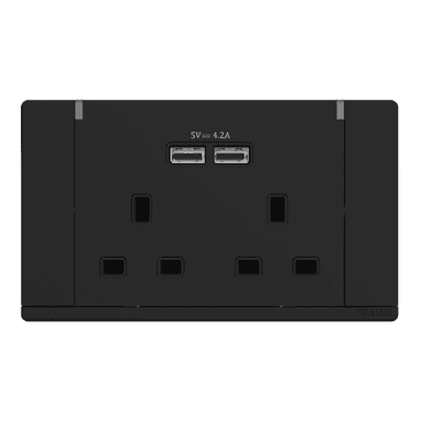 ODESSA 13Amp. 250V Twin Switched Socket Outlet with Radium + 4. 2A USB Black Matte