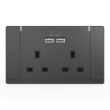 ODESSA 13Amp. 250V Twin Switched Socket Outlet with Radium + 4. 2A USB Pearl Gunmetal