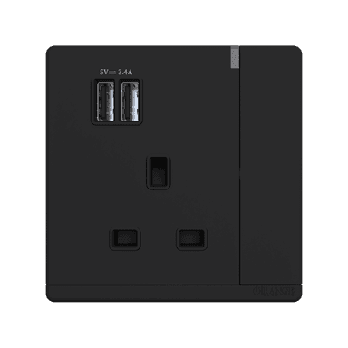 ODESSA 13Amp. 250V Single Switched Socket Outlet with Radium + 3.4 USB Black Matte